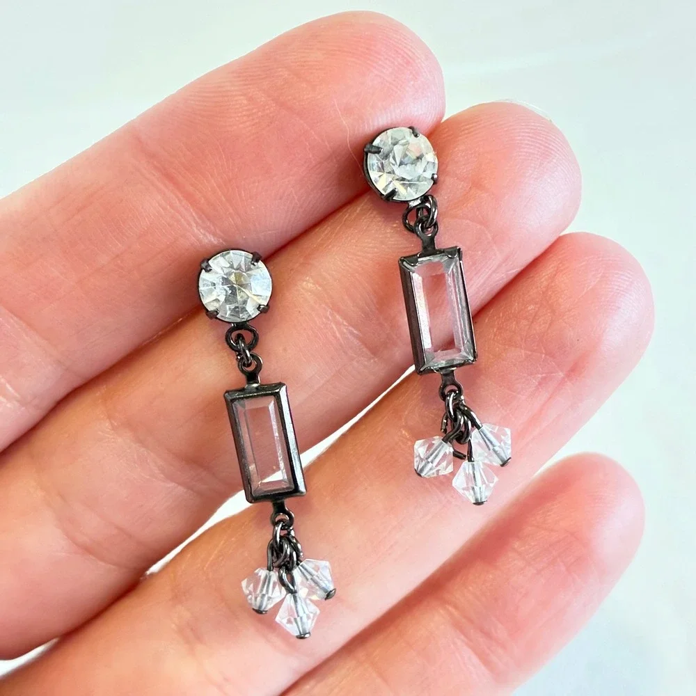 Rhinestone‎ Dangle Drop Earrings Gunmetal Clear Crystal Geometric Cheryl Reis